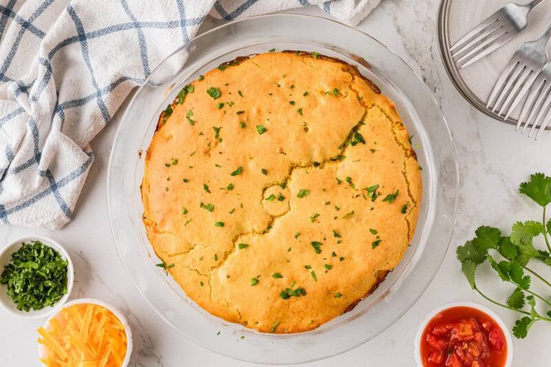 top-down view of the baked Cornbread Taco Pie.