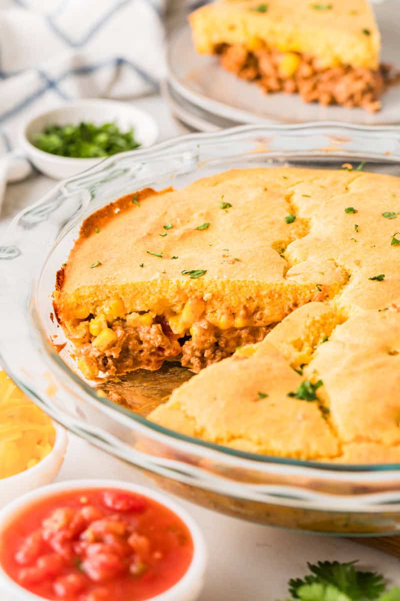 closeup of a slice of the Cornbread Taco Pie.