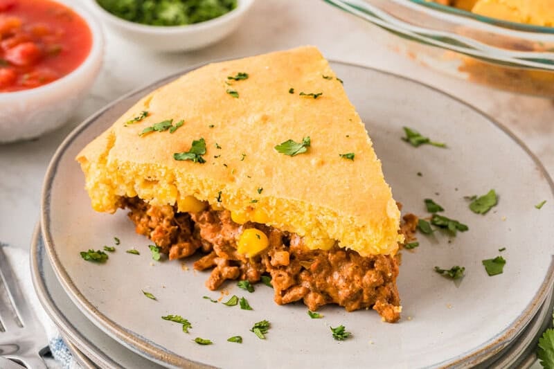slice of the Cornbread Taco Pie served on a plate.