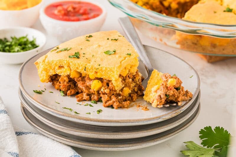 slice of the Cornbread Taco Pie served on a plate.