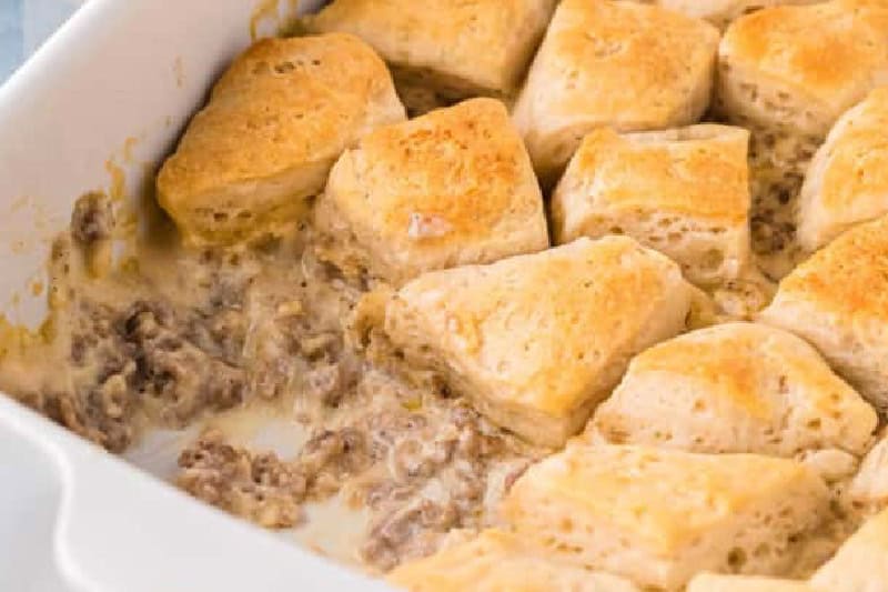 closeup of the Biscuits and Gravy Casserole.