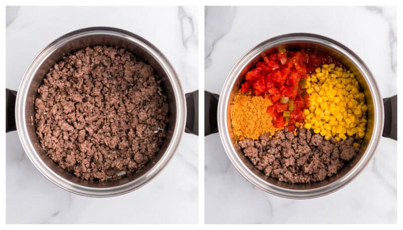 cooking the beef in a pot and adding the spices, corn and tortillas.