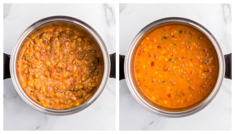 soup cooking in a large pot with the cheese whiz added.
