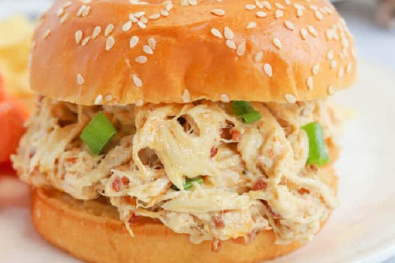 closeup of the Slow Cooker Crack Chicken Sandwiches.