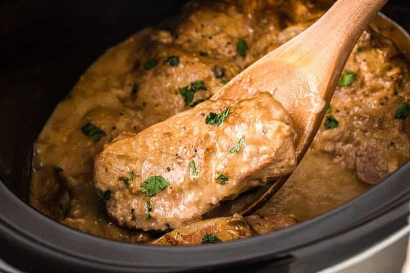 serving the Smothered Pork Chops out of the slow cooker.