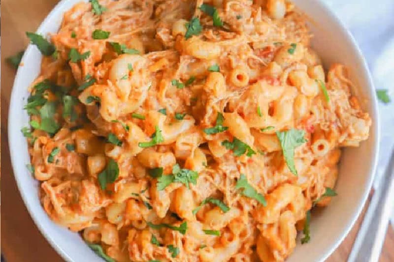 closeup of the Slow Cooker Enchilada Pasta.