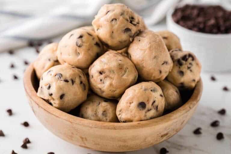 Cookie Dough Bites served in a wooden bowl.