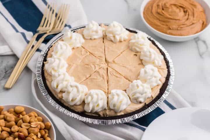 Peanut Butter Pie sliced in the pie tin.