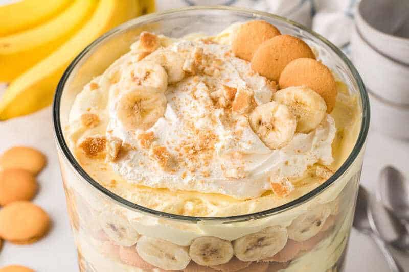 Banana Pudding made and served in a glass trifle dish.