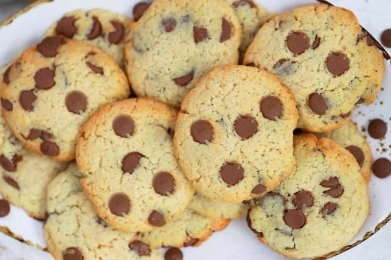 top-down view of a stack of the Cake Mix Chocolate Chip Cookies.