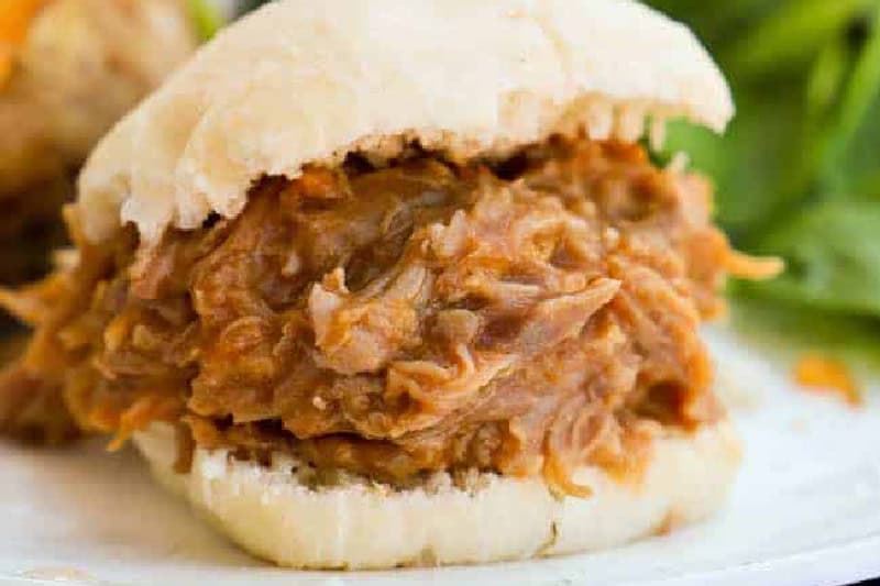 closeup of the Slow Cooker Pulled Pork Sliders.