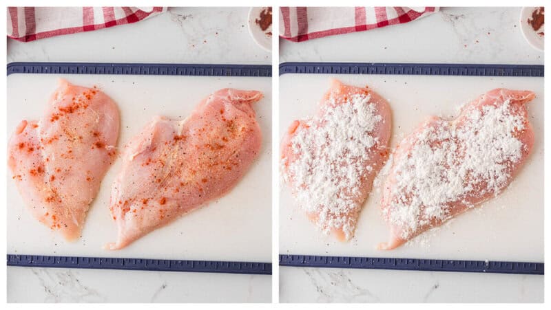 seasoning and flouring the chicken breasts.