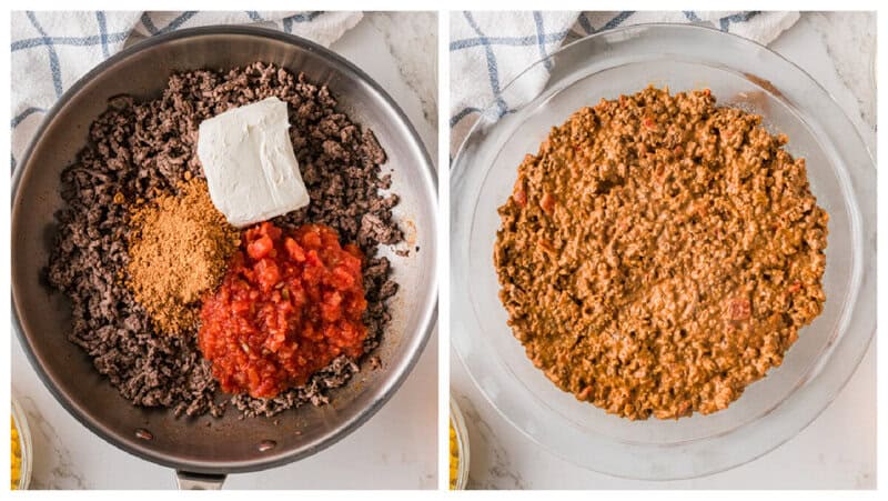 cooking the taco meat with the cream cheese, salsa, and taco seasoning.