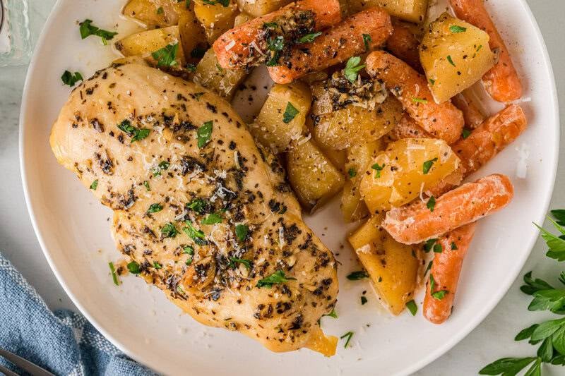 top-down view of the chicken and potatoes served on a white plate.