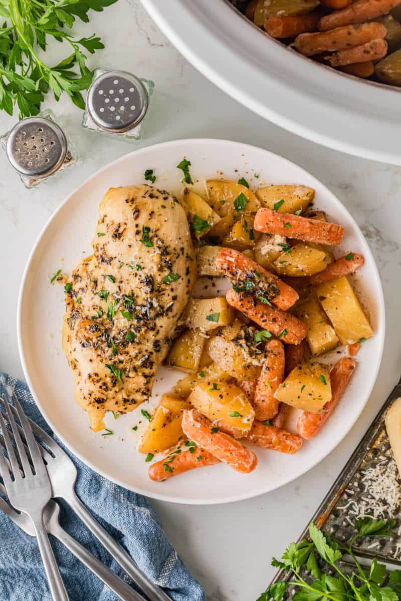 top-down view of the Chicken and Potatoes served on a white plate.
