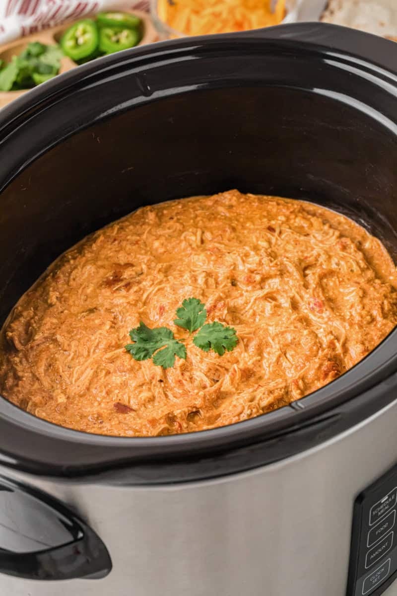 closeup of the Queso Chicken in the slow cooker.