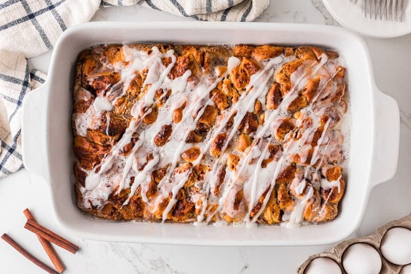 top-down view of the Cinnamon Roll Casserole in a white baking dish.
