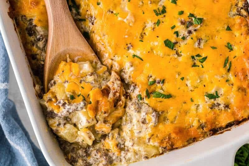 serving the Hamburger Hashbrown Casserole out of the baking dish.