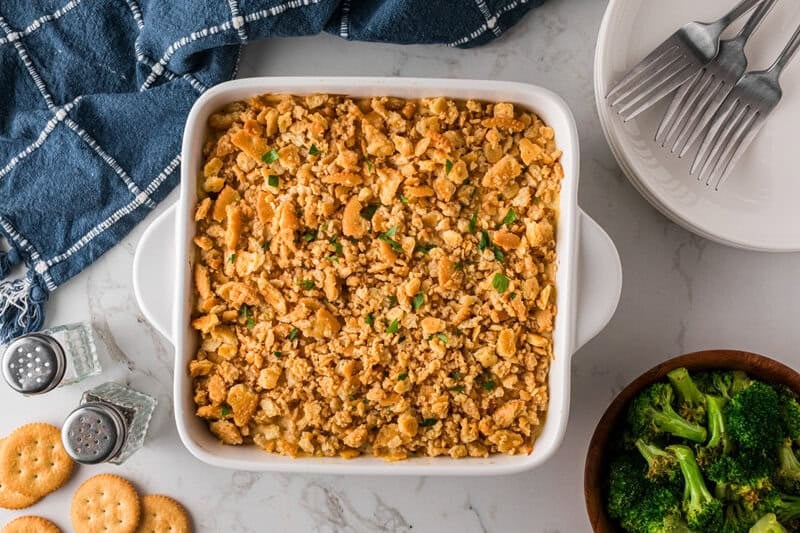 baked Rotisserie chicken casserole in a square baking dish.