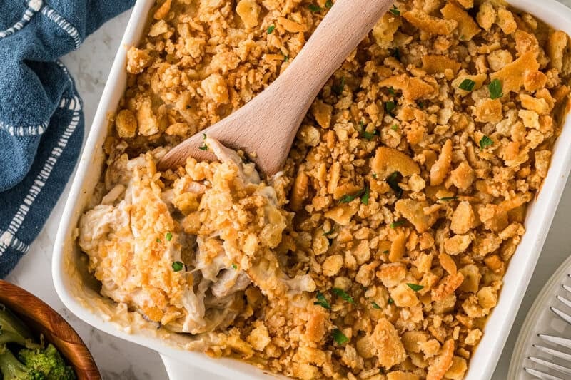 serving the Rotisserie Chicken Casserole out of the baking dish.