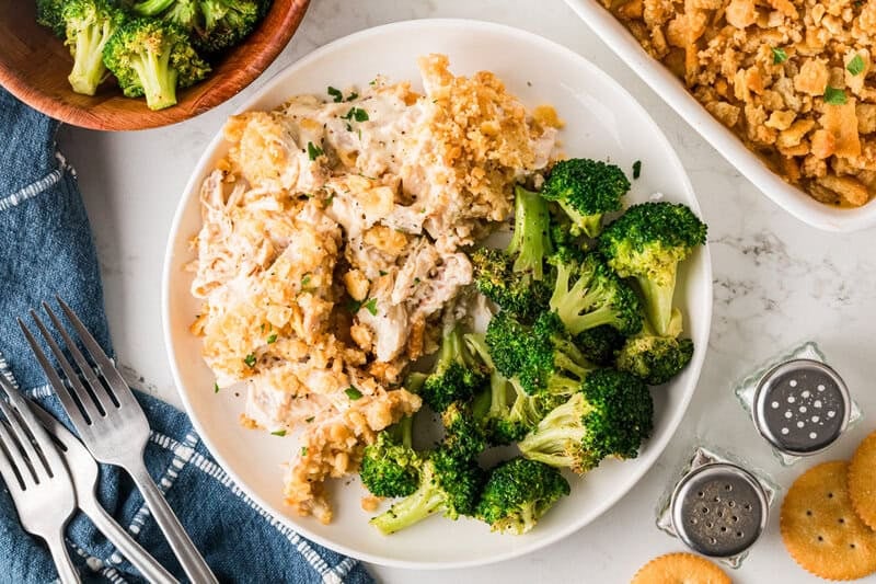 top-down view of the Rotisserie Chicken Casserole served with broccoli.