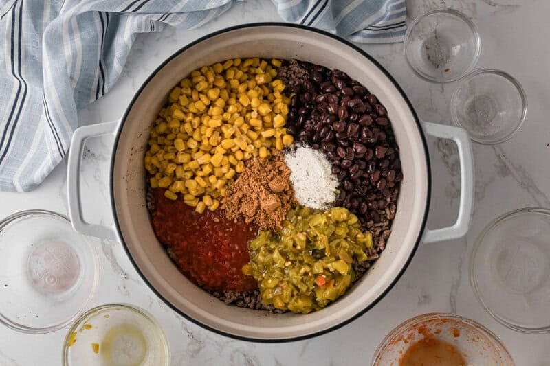 top-down view of the taco soup ingredients in the large pot.