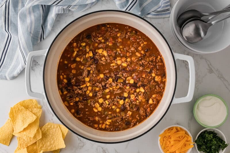 top-down view of the Taco Soup cooked in the large pot.