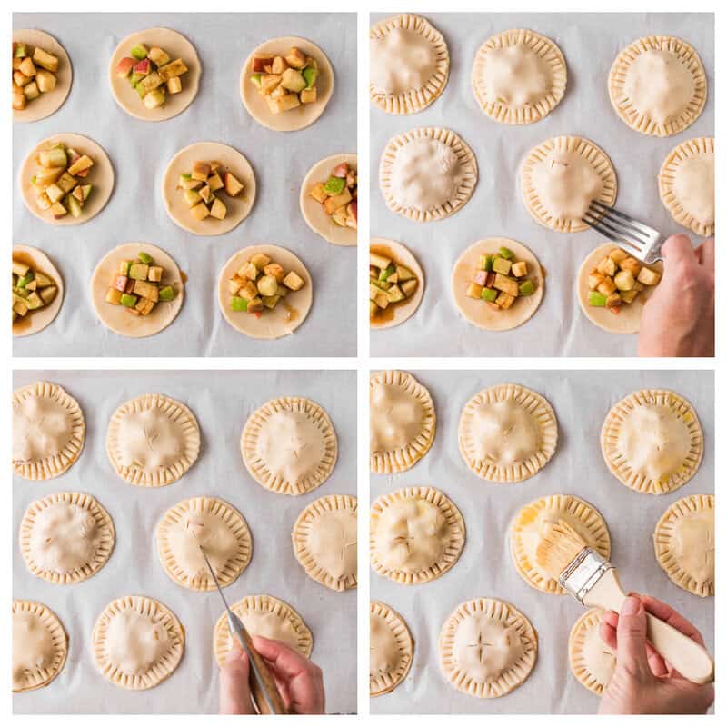 forming, pressing, and egg washing the apple pie cookies.