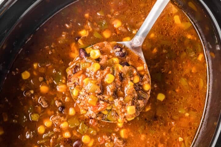 Serving the Slow Cooker Taco Soup out of the slow cooker.