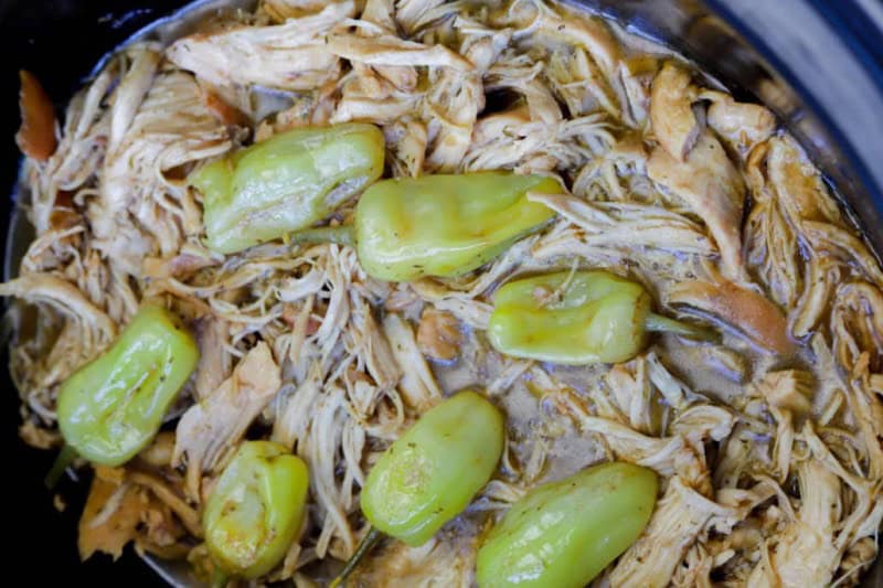 closeup of the Slow Cooker Mississippi Chicken in the slow cooker.