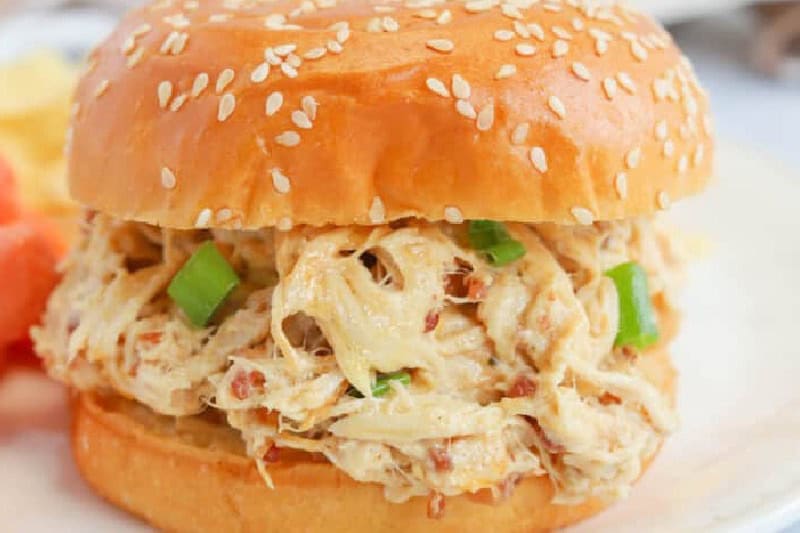 closeup of a Slow Cooker Crack Chicken Sandwich.