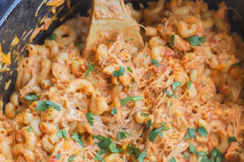 closeup of the slow cooker enchilada pasta.