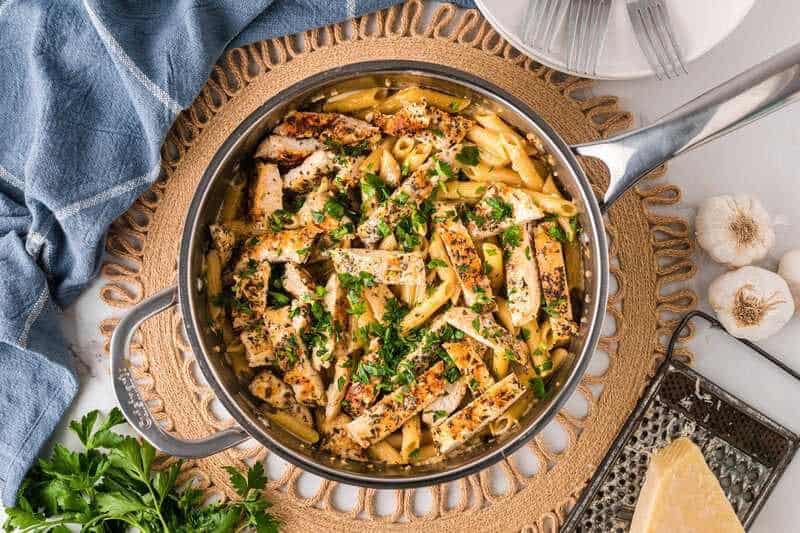 top-down view of the Garlic Parmesan Chicken Pasta.