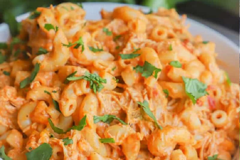 closeup of the Slow Cooker Enchilada Pasta.