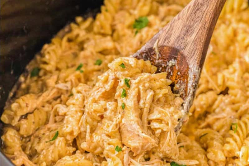 Italian Chicken Pasta being served out of the slow cooker.