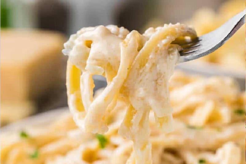 Alfredo Spaghetti on a fork.