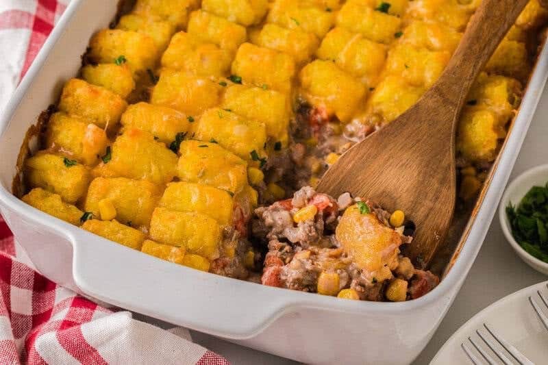 serving the Cowboy Casserole out of the baking dish.