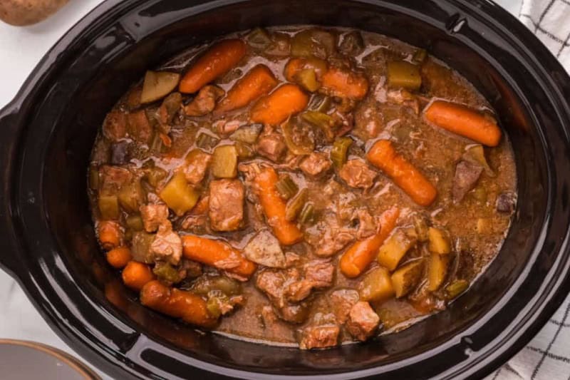 top-down view of the Beef Stew in the slow cooker.