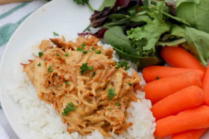 closeup of the Slow Cooker Honey Mustard Chicken served on a bed of rice.