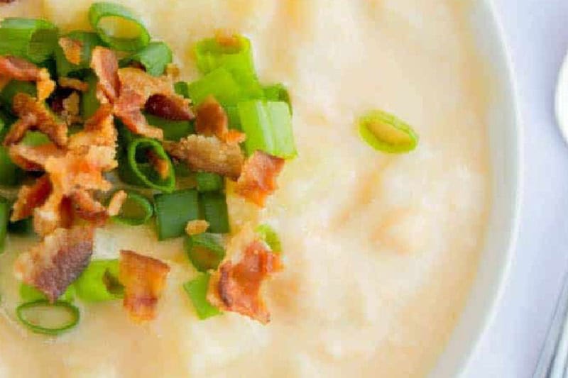 closeup of the Slow Cooker Cheesy Potato Soup.