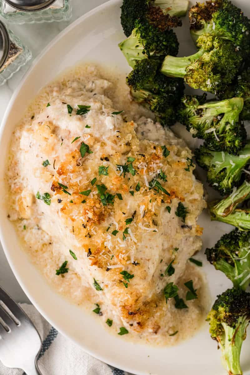 top-down view of the Caesar Chicken served with broccoli.
