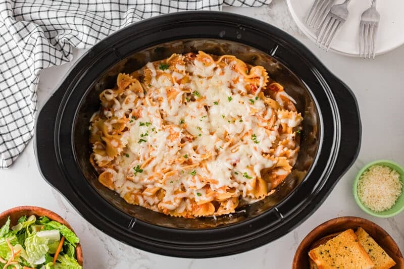 top-down view of the Slow Cooker Creamy Chicken Pasta.