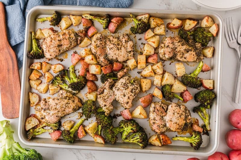 top-down view of the baked Sheet Pan Chicken.