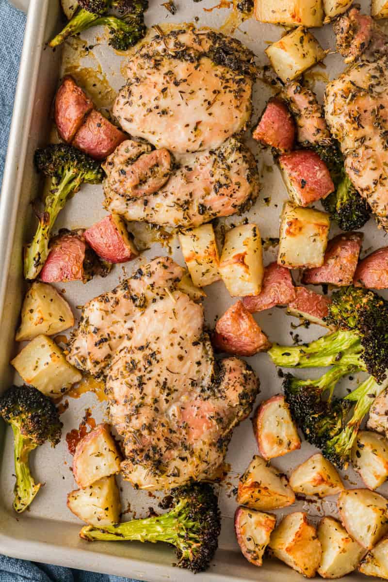 closeup of the Sheet Pan Chicken after baking.