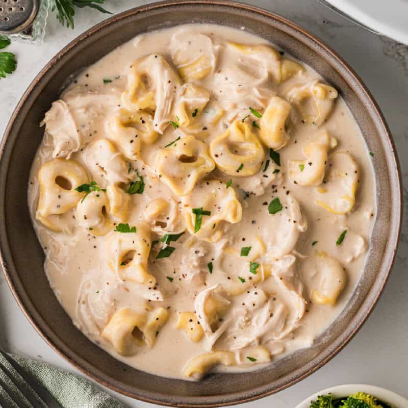 top-down view of the Slow Cooker Chicken Alfredo Tortellini served in a large bowl.