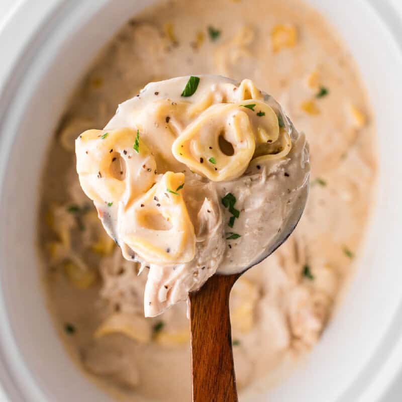 serving the Chicken Alfredo Tortellini with a wooden ladle.