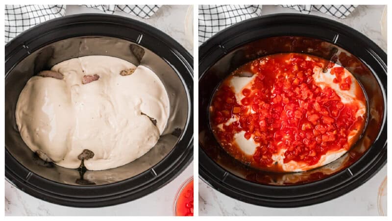 adding the sauces and tomatoes on top of the chicken.