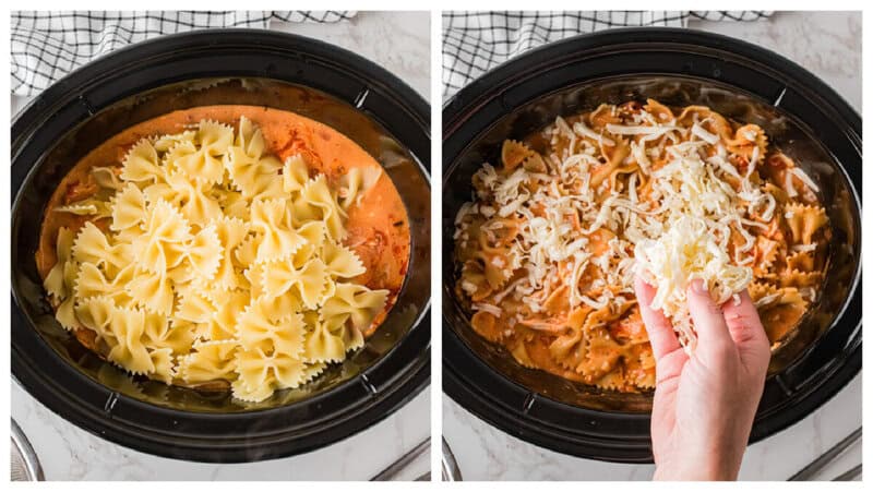 adding the pasta and mozzarella cheese to the slow cooker.