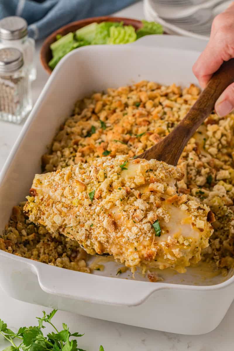 serving the Swiss Chicken out of the baking dish.