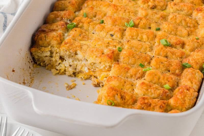 Tater Tot Breakfast Casserole with a slice served out of it.
